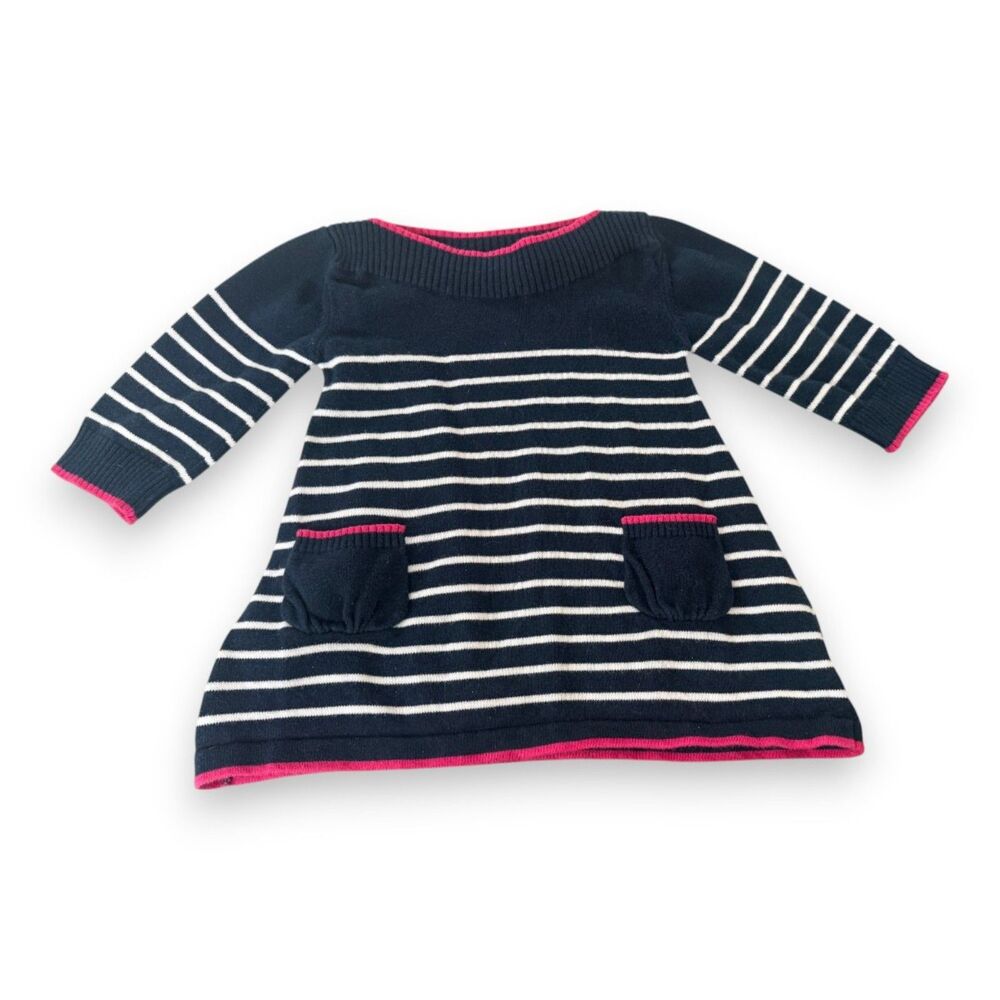 Jojo Maman Bebe Sweater Dress/Tunic Striped Navy Pink 6-12 Months